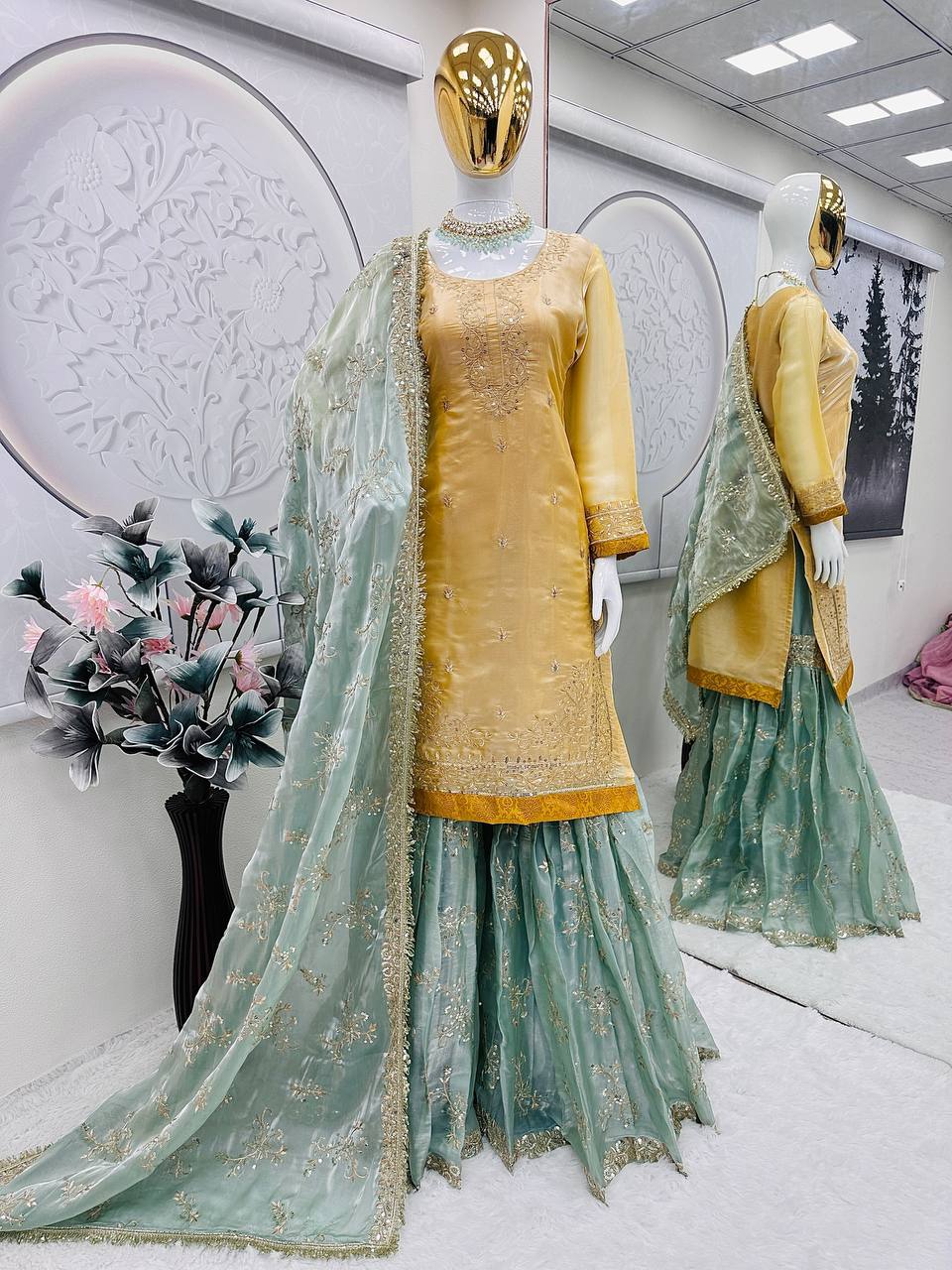 Mustard Yellow Kurta & Sea Green Sharara Set
